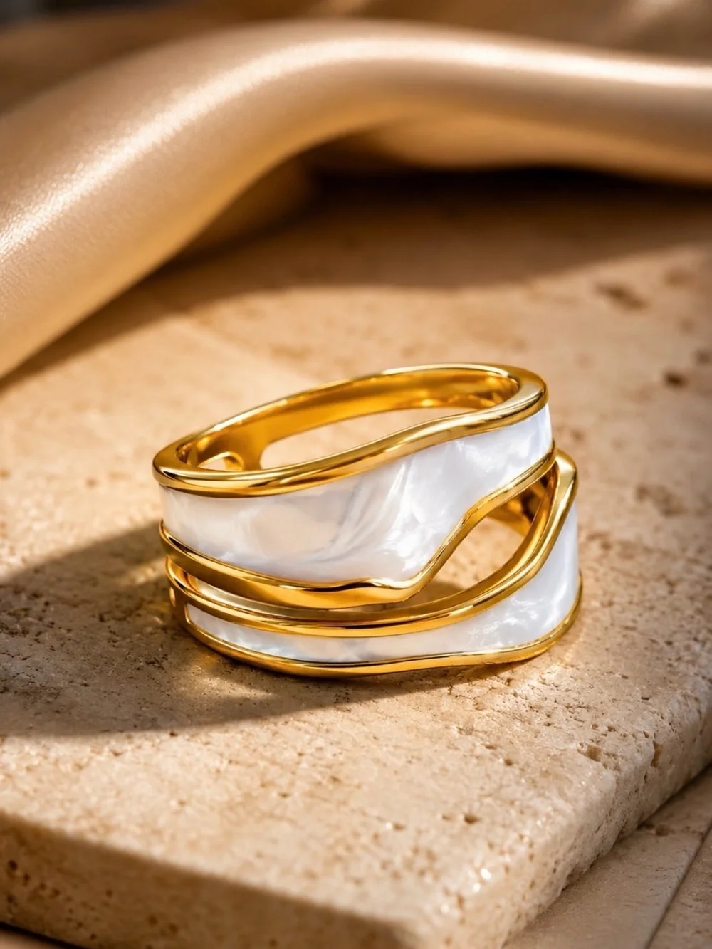 Gold-tone Ring with White Marbled Inlay